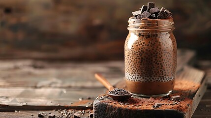 Chocolate chia pudding in a glass jar sits on a rustic wooden board, ready to be enjoyed.