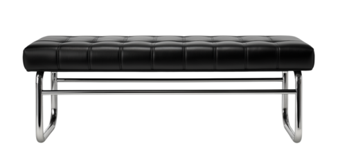 Modern Black Leather Tufted Bench with Chrome Legs isolated on a transparent background