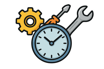 Clock with tools and gear showing time management and repair concepts for productivity and efficiency in various tasks and projects