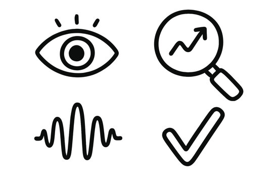 Symbols representing observation, research, analysis, and verification in a simple design format