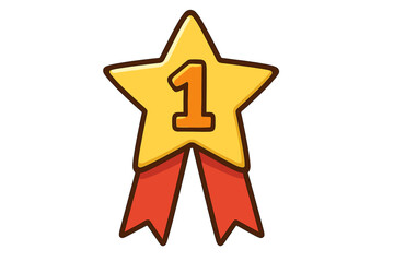 Obraz premium Gold star with number one and red ribbons hanging from the bottom in simple design
