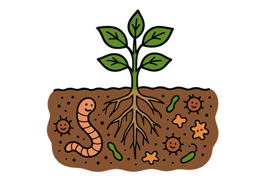 Plant growth under soil with roots, worms and microbes showing interaction in the ecosystem