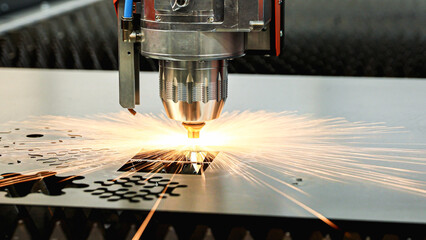 Modern metalworking plant CNC milling machine. Processing and laser cutting for metal in the industrial. Motion blur. Industrial exhibition of machine tools.