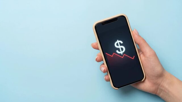 Money dysmorphia - close up high angle hand holding smartphone beige case minimalist screen dollar sign red graph pastel blue background soft lighting