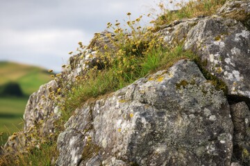 Rocks with grass and flowers on a hillside at daytime in a rural area