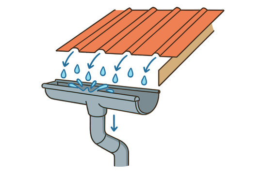 Water flow from roof into gutter system during rainstorm at residential building in summer