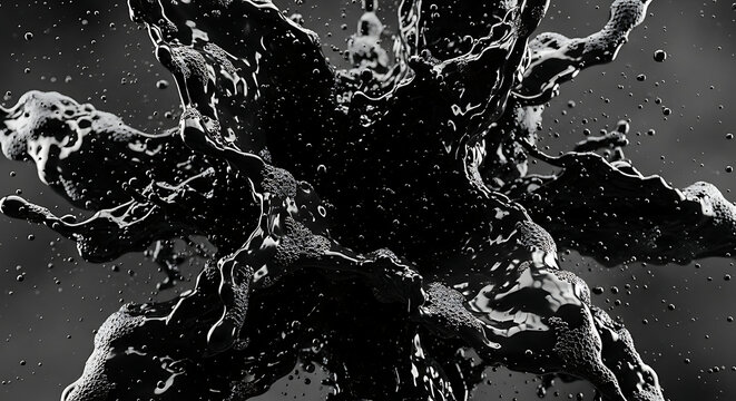A striking black and white image capturing a dynamic explosion of dark liquid, creating an abstract and dramatic visual effect, ideal for conveying themes of intensity, power, and the raw beauty of fl