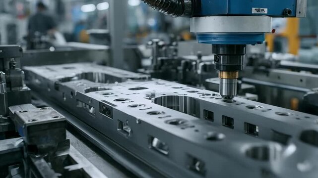 Medium shot of an industrial automation setup where metal clamps are fabricated and inspected in a streamlined factory production line.