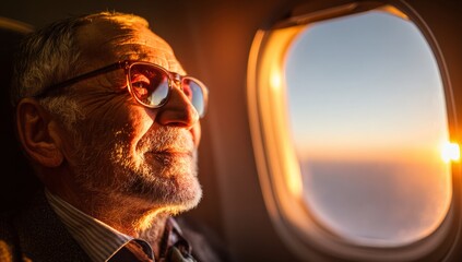 Older Person Sitting By Airplane Window With Glasses Reflecting Warm Sunlight During Dawn Or Dusk Flight Scene Showing Peaceful Sky Gradient Of Orange And Blue Colors Symbolizing Travel Reflection And