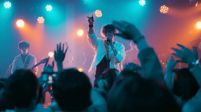 ライブ会場で跳ねる学生たち、夜の熱狂シーン