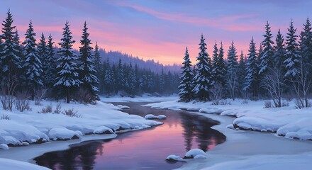 Winter River Sunset Landscape