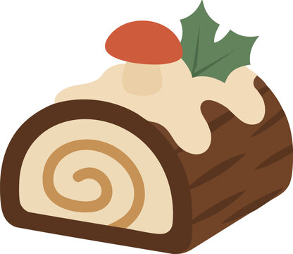 Classic chocolate yule log roll cake with cream filling, powdered sugar dusting, topped with red mushroom cap and green holly leaves, perfect for holiday baking, and festive sweets