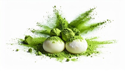 Two mochi truffles surrounded by a matcha powder burst and small green chocolate bites