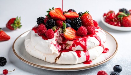 Pavlova meringue cake topped with fresh assorted berries and red fruit syrup