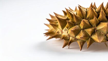 Macro detail of sharp durian fruit thorns on white background