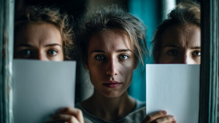 Intense gaze of a woman framed by two others hiding behind blank sheets, creating a mysterious and intriguing portrait.