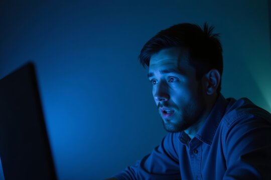 Man appears worried while staring at computer's blue screen of death, indicating system failure and potential data breach.