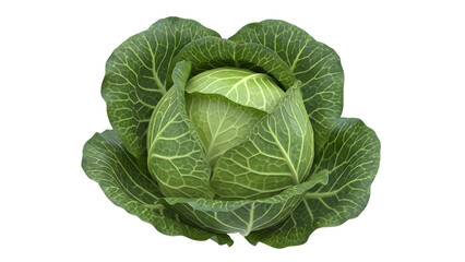 Fresh green cabbage head with textured leaves, isolated subject on transparent background for food design high quality Png
