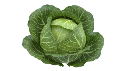 Fresh green cabbage head with textured leaves, isolated subject on transparent background for food design high quality Png