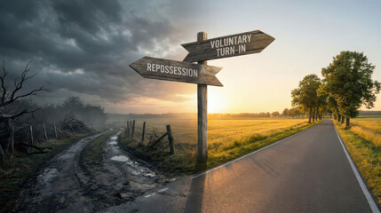 Voluntary repossession decision point scenic countryside roadside signage transitioning environment perspective of change