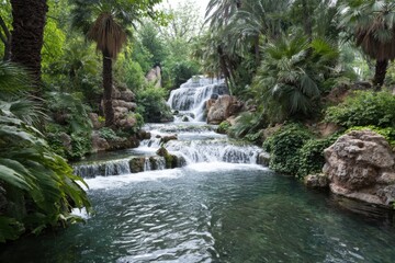 Water flows over rocks in a green area with trees near a body of water during daylight hours