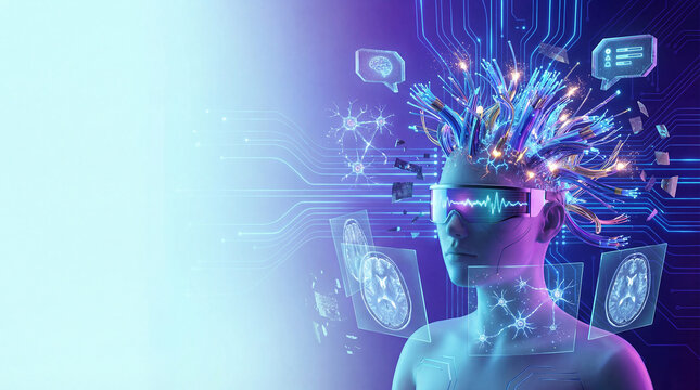Digital art of a person wearing a VR headset with fiber optic wires and data icons exploding from their head, symbolizing virtual reality and brain interface