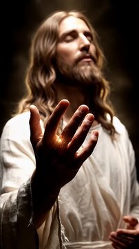 Blessing Hand with Light - This video shows a man with long hair and a beard, possibly a depiction of a religious figure, with his eyes closed and hand outstretched.