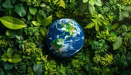 Planet Earth nestled within lush green foliage, symbolizing environmental protection and natures beauty.