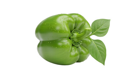 Fresh green bell pepper with water droplets and leaves, PNG with alpha channel, isolated subject for grocery ads high quality Png