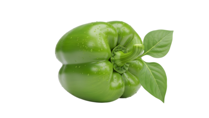 Fresh green bell pepper with water droplets and leaves, PNG with alpha channel, isolated subject for grocery ads high quality Png