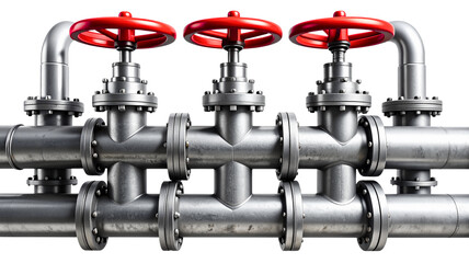 Industrial steel pipes with red valve handles, isolated graphic style on white background, concept of infrastructure and clean layout. Ai generative