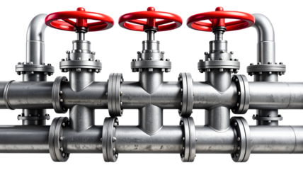 Industrial steel pipes with red valve handles, isolated graphic style on white background, concept of infrastructure and clean layout. Ai generative