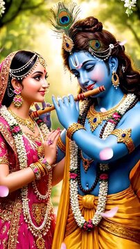 Krishna and Radha in a Divine Embrace - The video shows the Hindu deities Krishna playing the flute and Radha adorned in pink and gold jewelry and clothing.