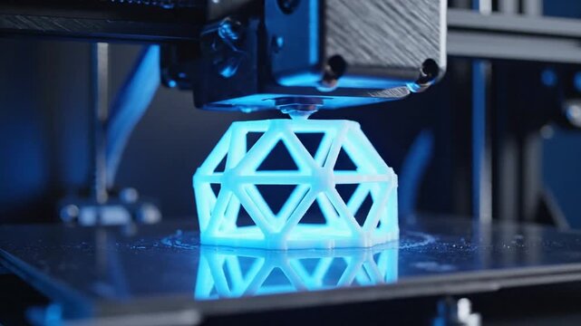 3D printing technology creating a blue geometric object.