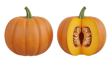 Whole and sliced orange pumpkins set, background removal for autumn harvest and halloween decorations high quality Png
