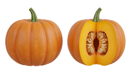 Whole and sliced orange pumpkins set, background removal for autumn harvest and halloween decorations high quality Png