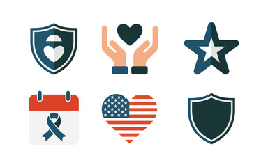 Patriotic appreciation icons, heart shield emblem, hands, star mark, ribbon chest, flag heart, service recognition, memorial ceremony, volunteer award vector