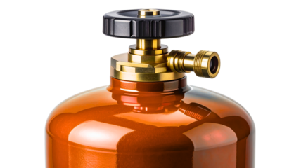 Isolated orange compressed gas cylinder with valve and pressure gauge, on no background