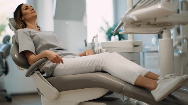 Close medium shot of a dental professional demonstrating the benefits of adjustable chairs that enhance posture and minimize fatigue during treatment.