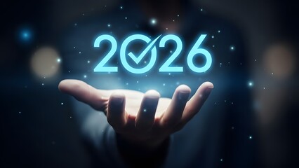 Futuristic hand holding glowing 2026 year in neon lights
