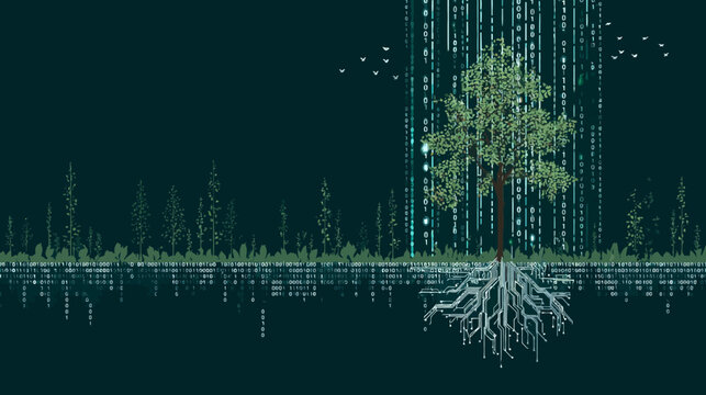 Cybernetic tree with illuminated digital data stream, visible roots, and a pixelated forest background. Nature technology fusion concept.