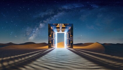 Mystical gateway bathed in starlight on a desert at twilight, evoking a sense of cosmic wonder and otherworldliness