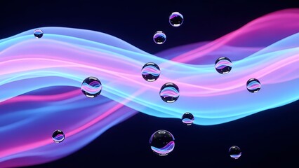 Vibrant neon waves with reflective water droplets on dark background