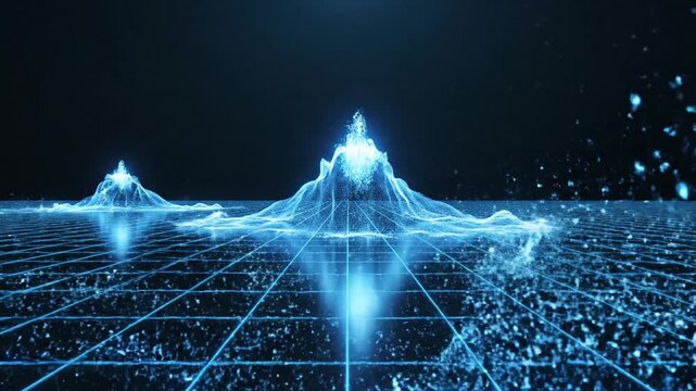Futuristic digital landscape with glowing blue grid and network.