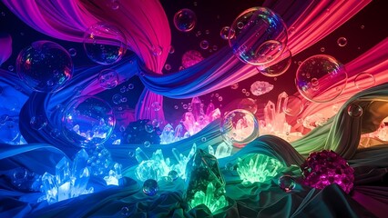 Vibrant crystal landscape with colorful fabrics and floating bubbles