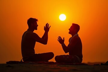 Silhouette Image of a Man in Sunrise Prayer for Chhath Puja, Demonstrating Devotion and Faith in Worship of Surya, the Sun God
