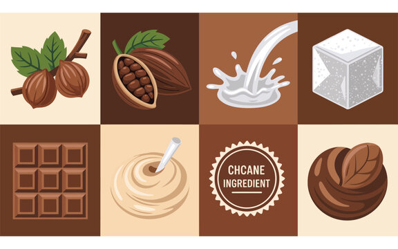 Chocolate ingredients icons set, cacao beans, cocoa powder swirl, sugar cubes, vanilla pod, chocolate bar, dessert bakery graphics, vector