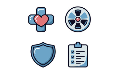 Health and safety event icons, medical cross heart, protection shield, checklist clipboard, emergency sign, wellness fair graphic, hospital campaign vector