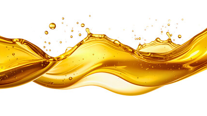 Pouring golden motor oil stream with splash effect, isolated on both white and transparent background. High-resolution PNG format.
