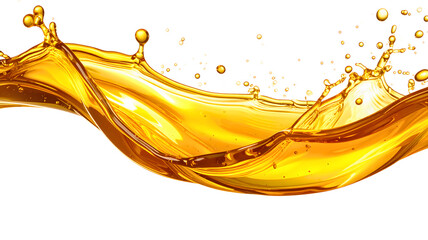 Pouring golden motor oil stream with splash effect, isolated on both white and transparent background. High-resolution PNG format.